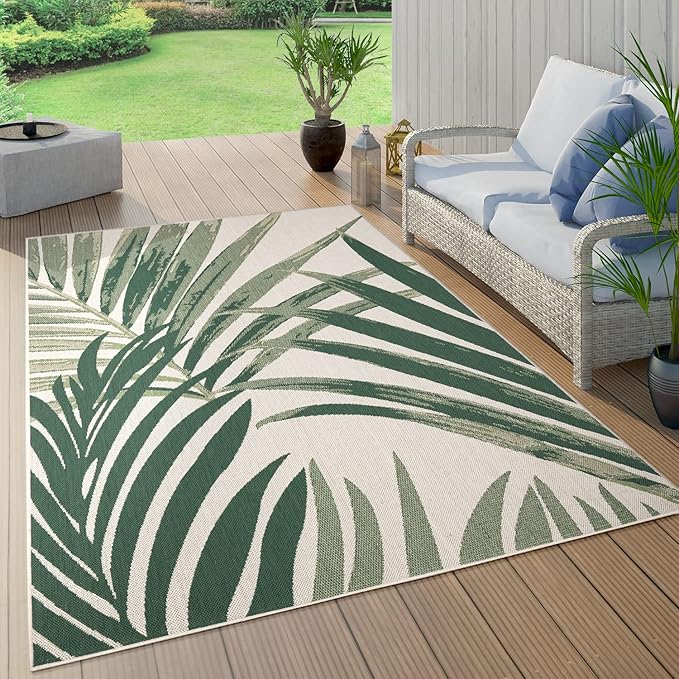 Tropical Outdoor Rug Palm Tree & Jungle Design Flatweave in Green Beige, Size: 4'7" x 6'7"