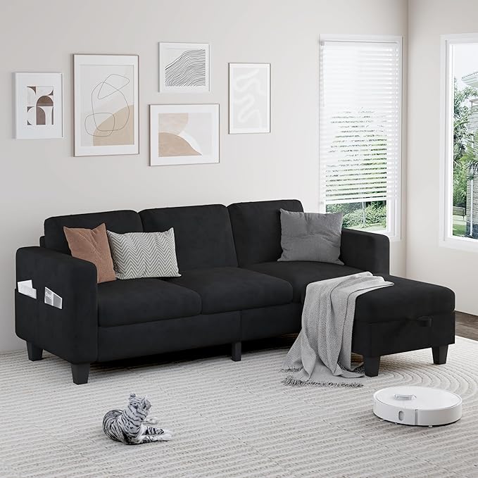 Sectional Sofa Couches for Living Room - 78'' Black 3 Seat L-Shaped Couch with Storage Ottoman, Modern Velvet Convertible Sectionals Sofas with Chaise for Apartment, Office, Small Space
