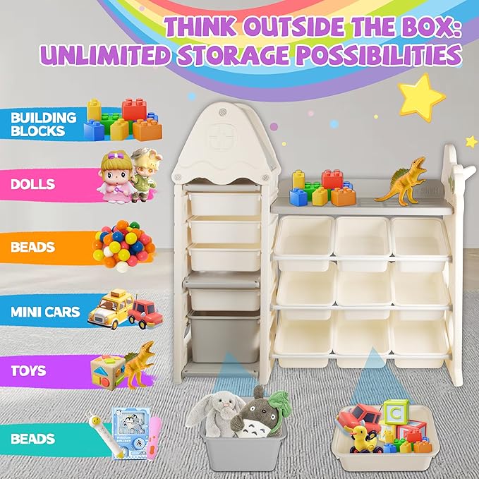 Kids Toy Storage Organizer with 14 Removable Toy Bins, 4-Tier Toy Organizers, Kids Bookshelf and Toy Storage for Playroom, Bedroom, Kids Room, Classroom