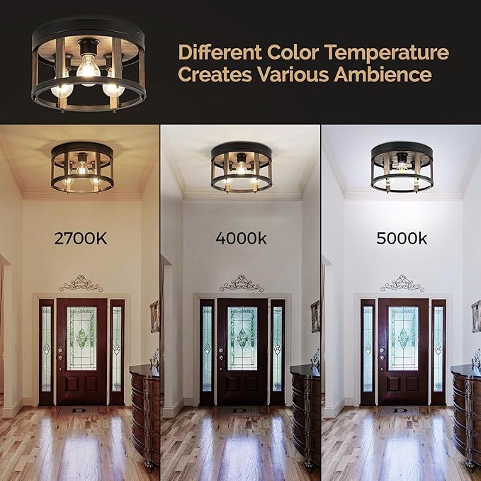 MAYNA 3-Light Retro Farmhouse Flush Mount Round Vintage Metal and Wood Ceiling Light Fixtures, Rustic Ceiling Lamp for Kitchen, Hallway, Entryway, Bedroom, Dining Room