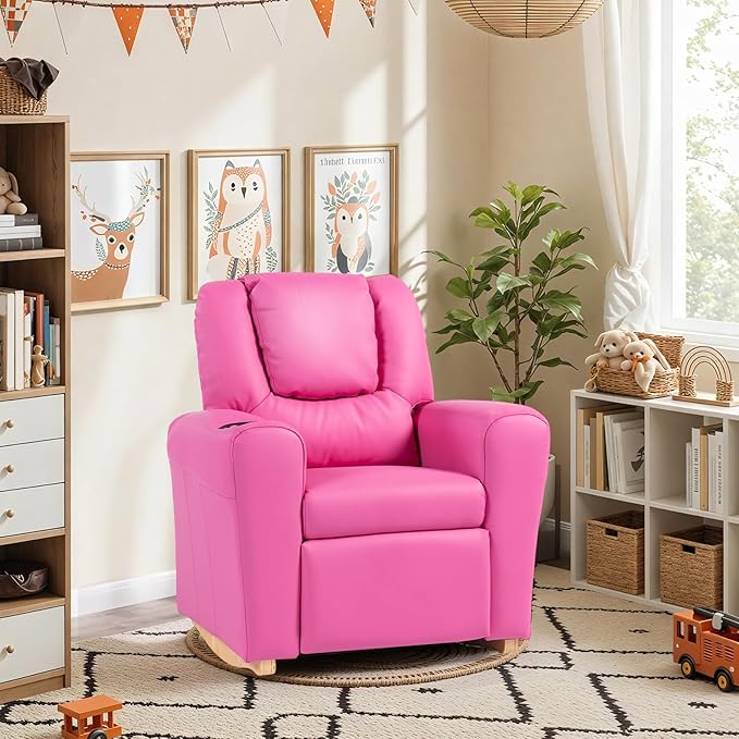 AVAWING Kids Recliner Chair with Cup Holder, Leather Toddler Recliner with Adjustable Backrest, Curved Rocking Legs and Comfy Armrests for Bedroom or Nursery, Pink