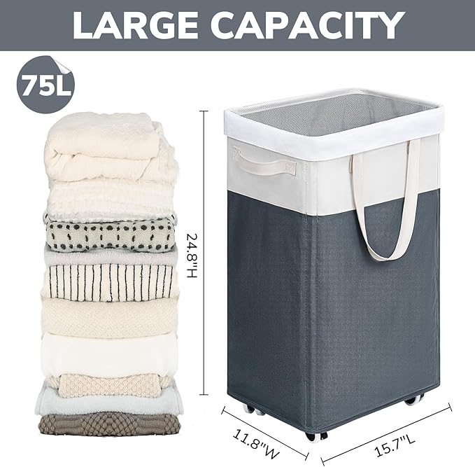 Goodpick Laundry Basket with Wheels, 75L Laundry Hamper for Dirty Clothes, College Dorm Essentials, Clothes Hamper for Livng Room, Grey&White