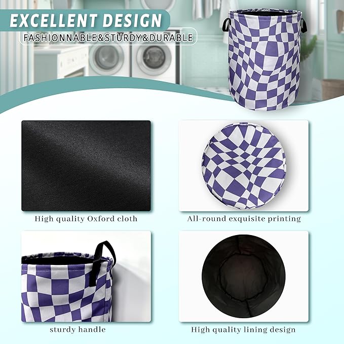 Purple Checkerboard Laundry Basket Foldable With Handles Tote Bag Oxford Cloth Colorful Plaid Laundry Hamper 18.9"x1 6.5" Clothes Storage Bucket Toy Organizer For Bathroom/Laundry/Bedroom