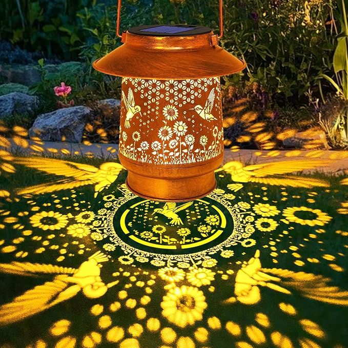 Hummingbird Solar Lanterns Outdoor Garden Decor, Sunflower Gifts for Women Mom Grandma Birthday Hanging Metal Solar Lights Waterproof Decoration for Garden Yard Lawn Patio