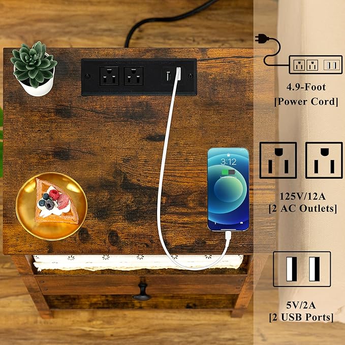 Lerliuo Nightstand Set of 2 with Charging Station and USB Ports, 3-Tier Storage End Table with Drawer Shelf, Night Stand for Small Spaces, Wood Bedside Table for Living Room, Bedroom-Brown