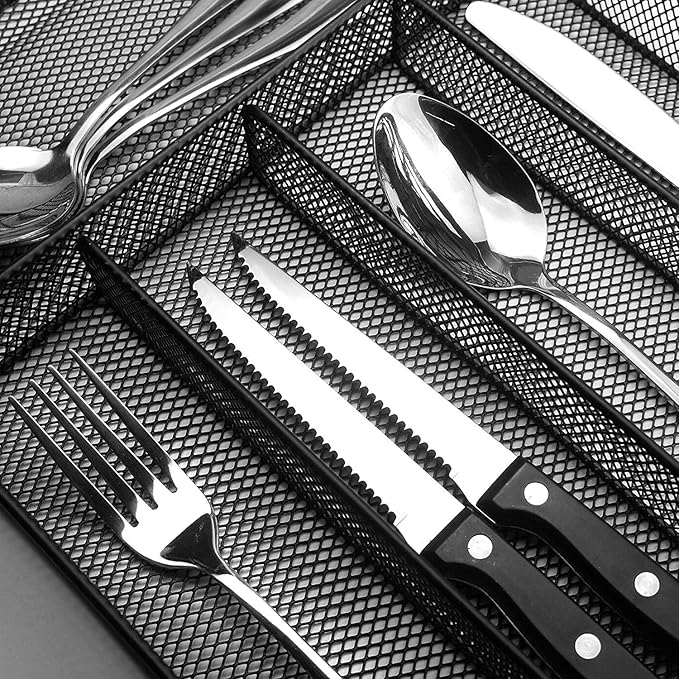 Silverware Organizer Metal Mesh, Large Drawer Organizer, Utensil Cutlery Tray for kitchen drawers, Flatware Organizer with 6 Compartment, Black (11.3”*16“)