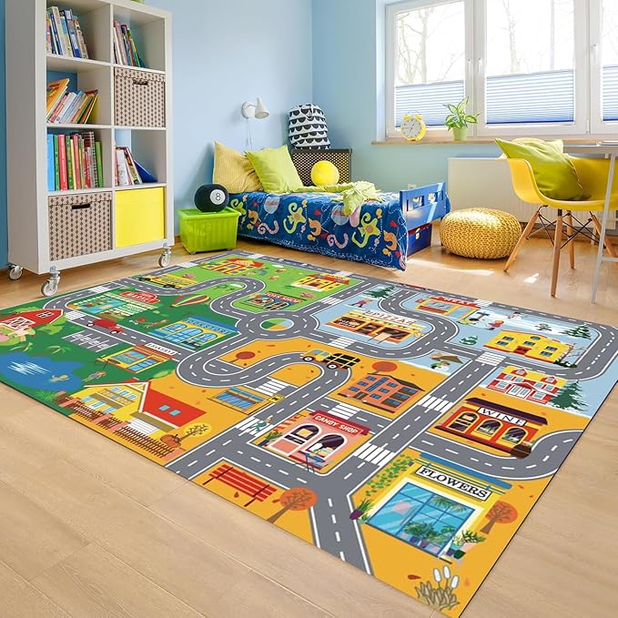 Car Rugs for Kids Toy Cars,Kids Play Rug with Non-Silp Backing, City Road Carpet for Playroom Bedroom Boys, Car Track Map Playmat - 4'11" x 3'3" (Rectangular)
