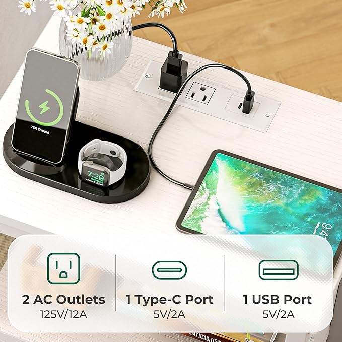 Huuger Nightstand with Charging Station, 27.6 Inch Side Table with Drawers, PU Leather Finish, End Table Bedside Table with USB Ports and Outlets, Night Stand for Bedroom, White