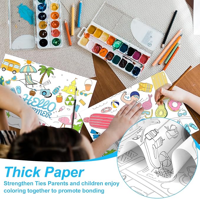 150 PCs Hello Summer Placemats Beach Theme Disposable Paper Placemats 14.2 * 10.2 Inch Coloring Sheets Bulk Disposable Dining Table Mats Party Holiday Table Decorations for Kids