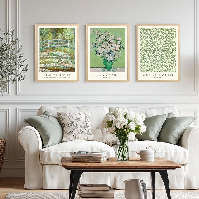 FASWQ Wood Framed Monet Van Gogh William Morris Wall Art, Grass Botanical Wall Decor, Mid Century Impressionist Canvas Paintings, Modern Green Landscape Poster Print for Living Room Bedroom 16"x24"x3