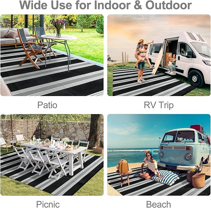 Lahome Striped Outdoor Plastic Straw Rug, Reversible Outdoor Rug Waterproof 9x12 Rugs for Patio, RV Camping Rug Picnic Mat Outside Large Carpet for Beach Deck Backyard Balcony(Black/Grey,9'x 12')