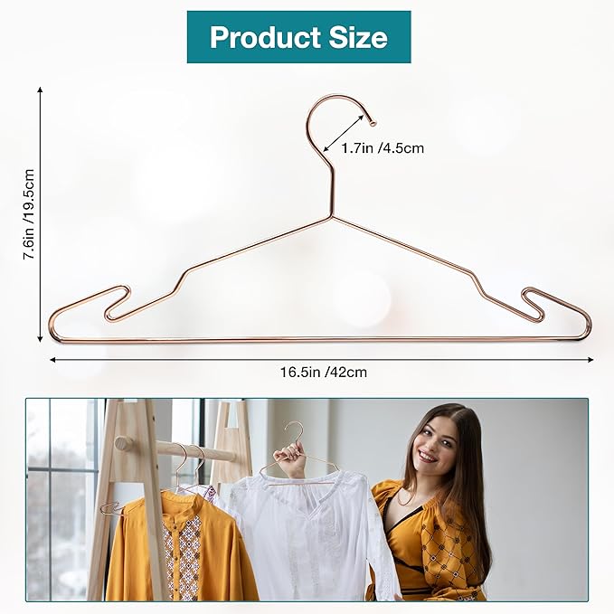 Luxurious Hanger Set Premium Metal Hangers with Unique Hook Design Durable & Sturdy Coat Hangers 3.2mm Thick Withstands 15lbs Weight Smooth Finish Compact Shirt Hangers - 20 Pack Rose Gold