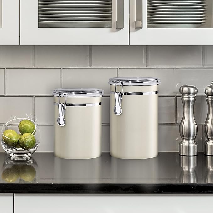 Oggi Stainless Steel Kitchen Canister 26 fl oz, Gray - Airtight Clamp Lid, Clear See-Thru Top - Ideal for Kitchen Storage, Food Storage, Pantry Storage. Size 5" x 3.5".