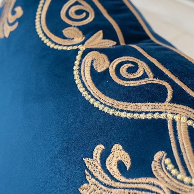 Aeckself European Floral Pillow Cover 20x20 Inch, Luxury Velvet Embroidered Decorative Throw Pillow Cover for Couch Bedroom Living Room, Navy Blue and Gold, Yw-OBYG-Blue5050