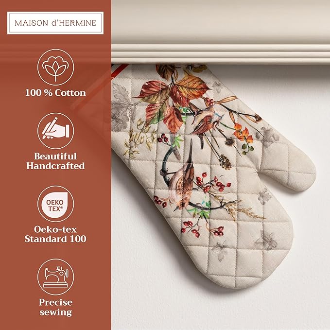 Maison d' Hermine Oven Gloves 100% Cotton Oven Mitt 7" x 13" with Loop Heat Resistant BBQ Cooking Gloves for Thanksgiving Christmas Decorations Baking Handling Hot Pans (Pack of 1, Recolte)