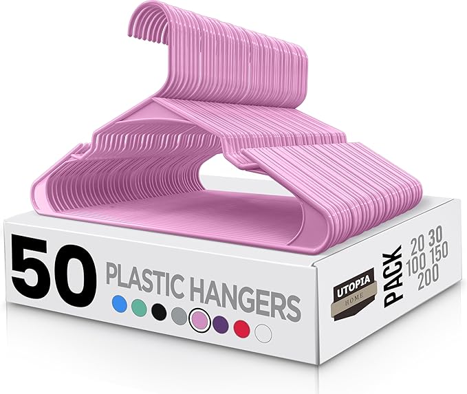 Utopia Home Plastic Hangers 50 Pack - Perfect Space Saving Clothes Hanger - Durable and Strong - Perfect Closet Organizers with Shoulder Grooves (Pink)