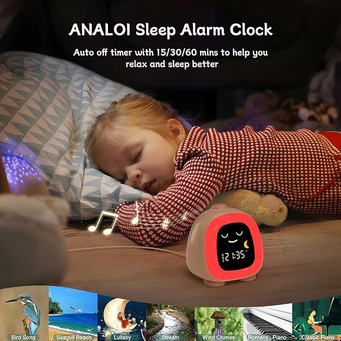 Cute Kids Clock, Night Light for Kids with Snooze Mode Sleep Timer Dual Alarm Sleep Training 3 Brightness 10 Color Night Light Adjustable Volume Memory Battery, Ok to Wake Clock for Kids