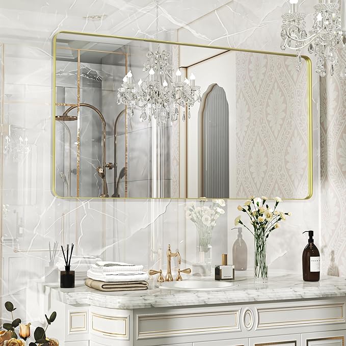55×30 Gold Bathroom Mirror, Rectangular Bathroom Vanity Mirror for Wall with Rounded Corners & Aluminum Alloy Frame, Tempered-Glass, Modern, Farmhouse, Horizontal/Vertical, Entryway, Bedroom