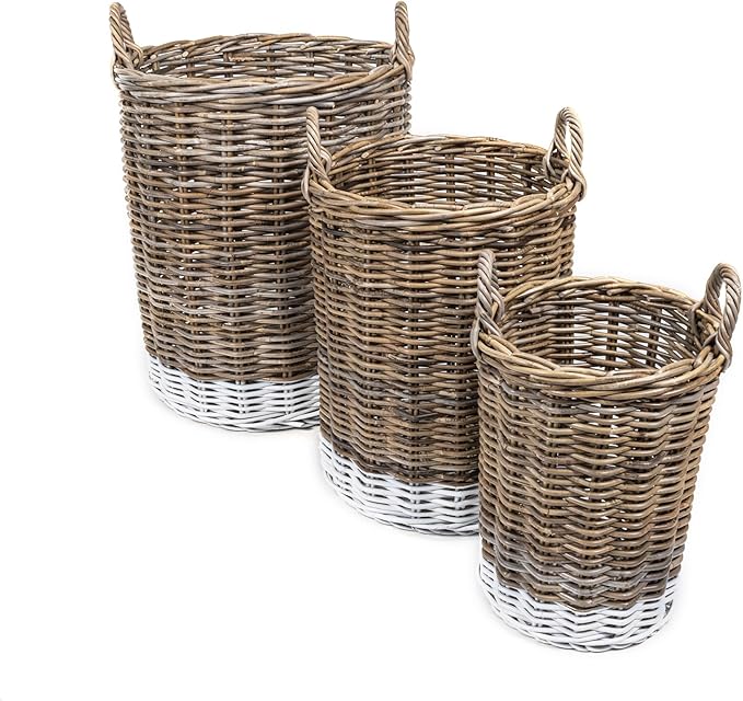 happimess BSK1000A-3SET Ternion Cottage Hand-Woven Rattan Nesting Wicker Storage Baskets w/ Handles, Seagrass Container for Decoration in Bedroom, Living Room, Laundry Room, Kubu Gray/White (Set of 3)