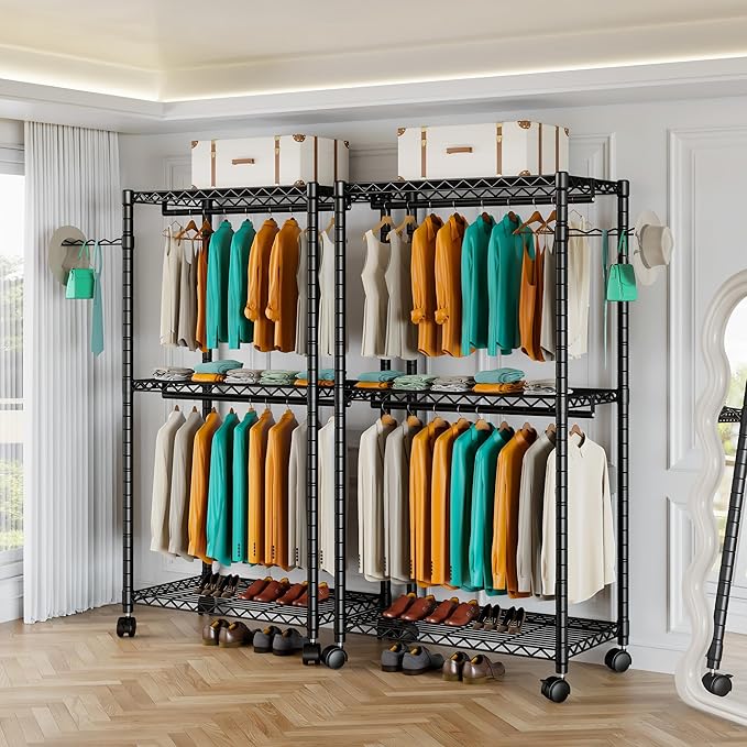 PUNION Rolling Clothes Rack Portable Closet Wardrobe with Wheels and Side Hooks, 2 Hanging Rod, Adjustable Freestanding Heavy Duty Clothing Racks Storage Drying Rack, Black, GR1Plus