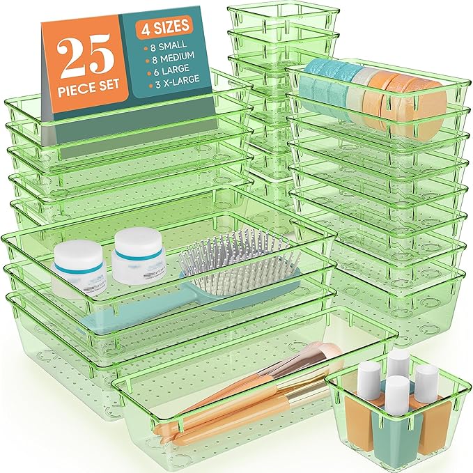 WOWBOX 25 PCS Plastic Drawer Organizer Set, 4 Sizes Desk Drawer Divider Organizers and Storage Bins for Makeup, Jewelry, Gadgets for Kitchen, Bedroom, Bathroom, Office, Clear Green