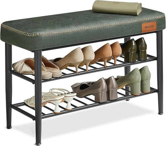 VASAGLE EKHO Collection - Shoe Rack Bench, Storage Bench for Entryway, Synthetic Leather with Stitching, Mid-Century Modern, Loads 300 lb, 11.8 x 31.5 x 19.7 Inches, Forest Green ULSB054C01