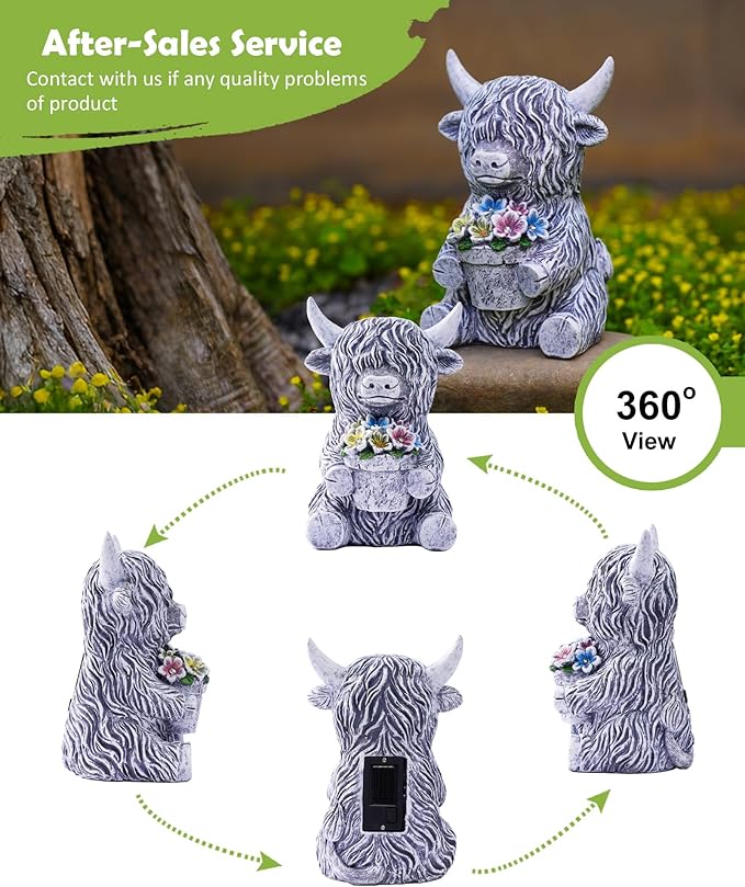 Nacome Solar Garden Highland Cow Holding Succulent Planter with LED Lights Outdoor Decor for Outside Yard Patio Balcony Porch Decorations - Birthday Gifts Mom Grandma Women(Grey)