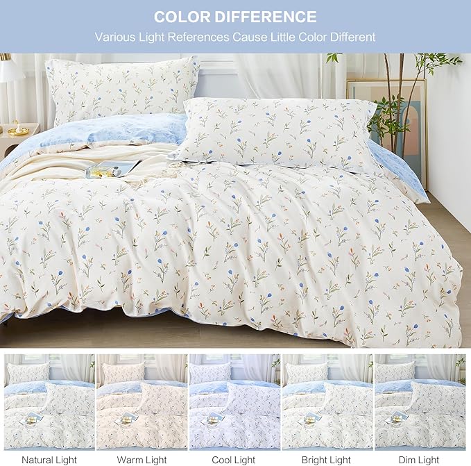 SAPHREAS Blue Floral Full Size Duvet Cover Set 3pcs Botanical Flower White Bedding Comforter Cover Set 100% Cotton 1 Duvet Cover 90"x80" 2 Pillow Shams, Comforter Not Included