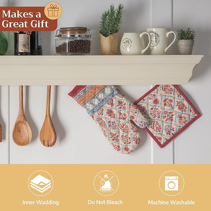 Maison d' Hermine 100% Cotton Oven Mitt & Pot Holder Set (7.5"x13" & 8"x8") Heat Resistant BBQ Cooking Gloves with Loop for Thanksgiving Christmas Decorations Handling Hot Pans (Romane)
