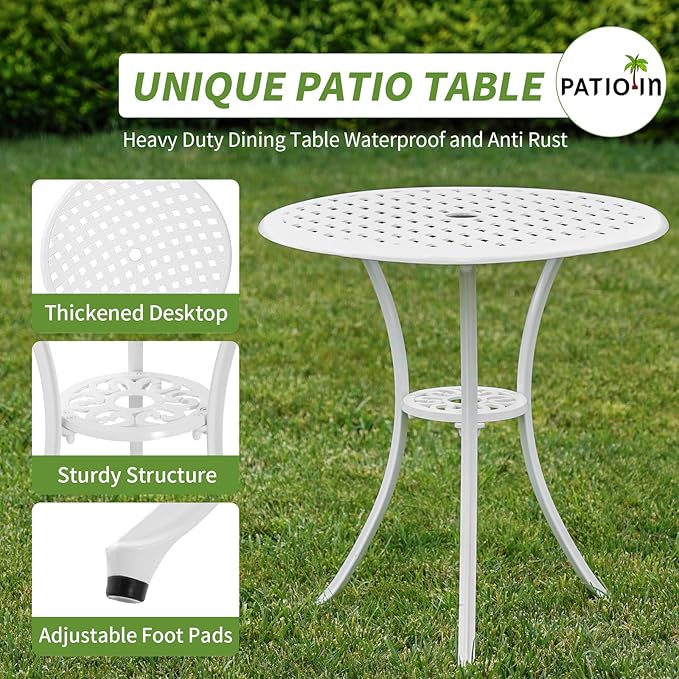 3 Piece Outdoor Bistro Set, Cast Aluminum Outdoor Bistro Table and Chairs Set of 2, Rust-Resistant Patio Furniture Set, White Bistro Set 3 Piece Outdoor for Garden, Backyard, Balcony