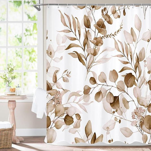 MitoVilla Brown Floral Shower Curtain, Modern Plants Botanical Fabric Cloth Shower Curtains for Rustic Vintage Bathroom Decor, Fall Watercolor Tan Eucalyptus Leaf, 72x72