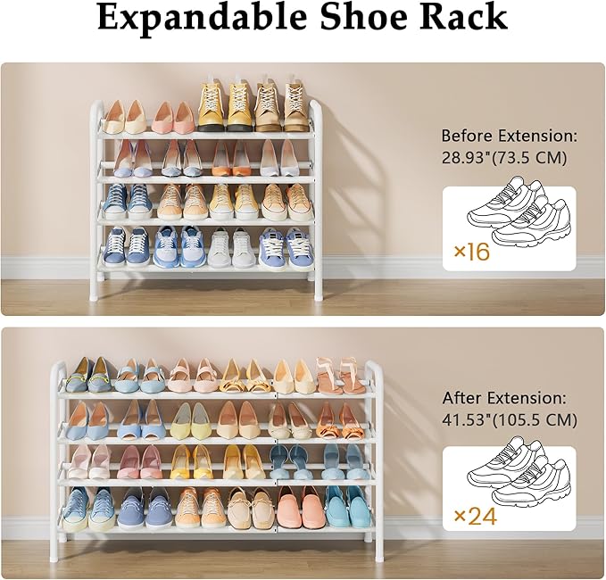 Shoe Rack for Closet,4 Tier Shoe Organizer, 28“ Metal Shelf Can Expandable to 42“, for Bedroom, Entryway, Living Room, Garage, Adjustable to 24 Pairs Shoes, White