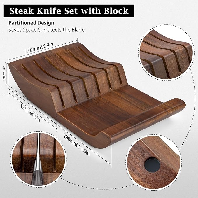 Steak Knives Set of 7, 4.5 Inch Serrated Steak Knife Set with Block, Japanese High Carbon Steel Kitchen Steak Knives with Ergonomic Handle