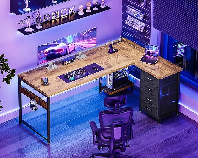 AODK L Shaped Desk with 4 Tier Drawers, 61" Reversible Gaming Desk with Power Outlets, L Shaped Computer Table with USB Charging Port and Host Stand, Home Office Table, Easy to Assemble, Vintage