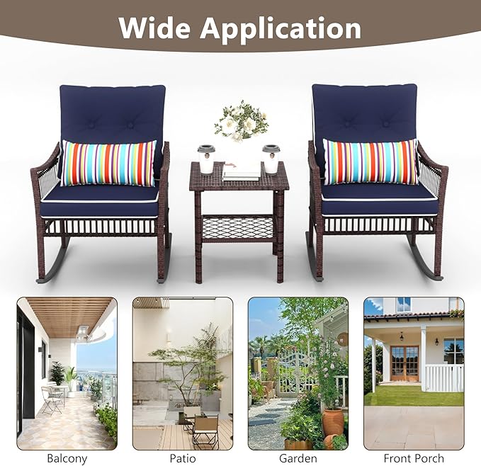 3 Pieces Patio Furniture Set, Outdoor Rocking Chairs Set of 2, Wicker Cushioned Patio Rocker with Side Table for Porch, Garden, Poolside & Deck, Blue