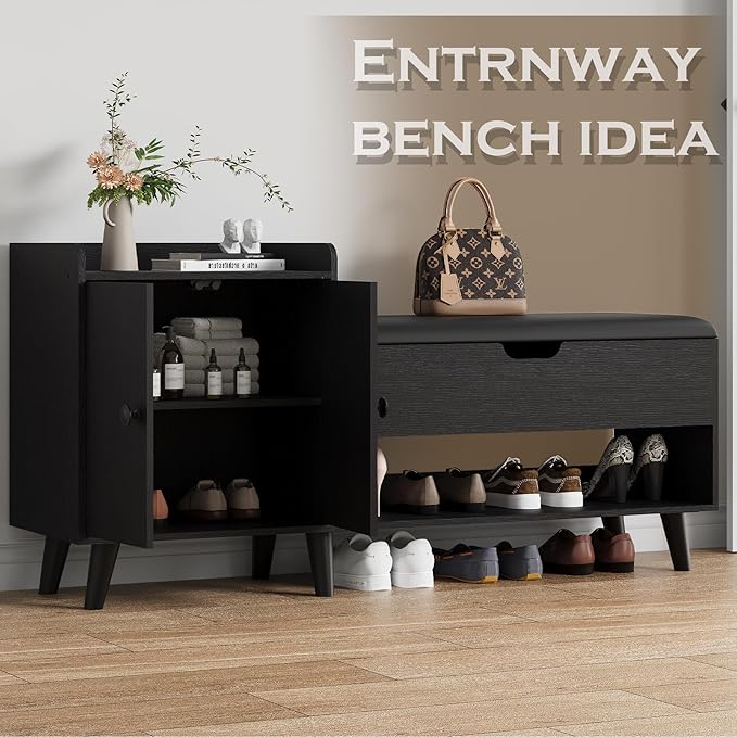 50" Entryway Shoe Bench with Hidden Storage,Shoe Organizer Storage Bench with Shelf and Cabinet Entryway Bench for Bedroom Living Room and Hallway