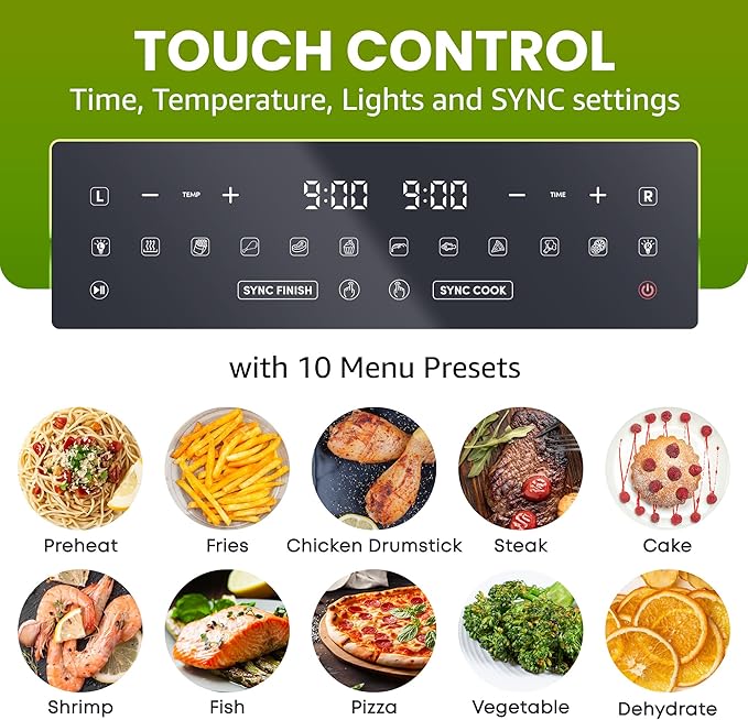 Elite Gourmet EAF1055D Dual Zone Air Fryer Oven, 11QT. Capacity with Divider, Sync Finish, Dishwasher Safe Basket, 10 Preset Functions, 1600-Watts, with Recipe Booklet, Black