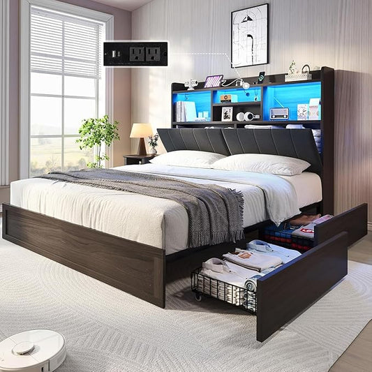 King Farmhouse Bed Frame with Bookcase Headboard and 4 Drawers, LED Storage Bed with Charging Station & Linen Upholstered, No Box Spring Needed,Black