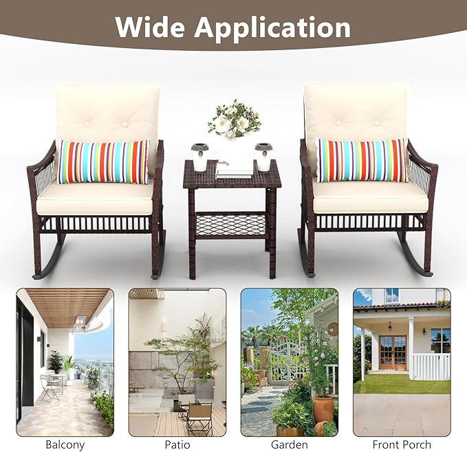 3 Pieces Patio Furniture Set, Outdoor Rocking Chairs Set of 2, Wicker Cushioned Patio Rocker with Side Table for Porch, Garden, Poolside & Deck, Beige
