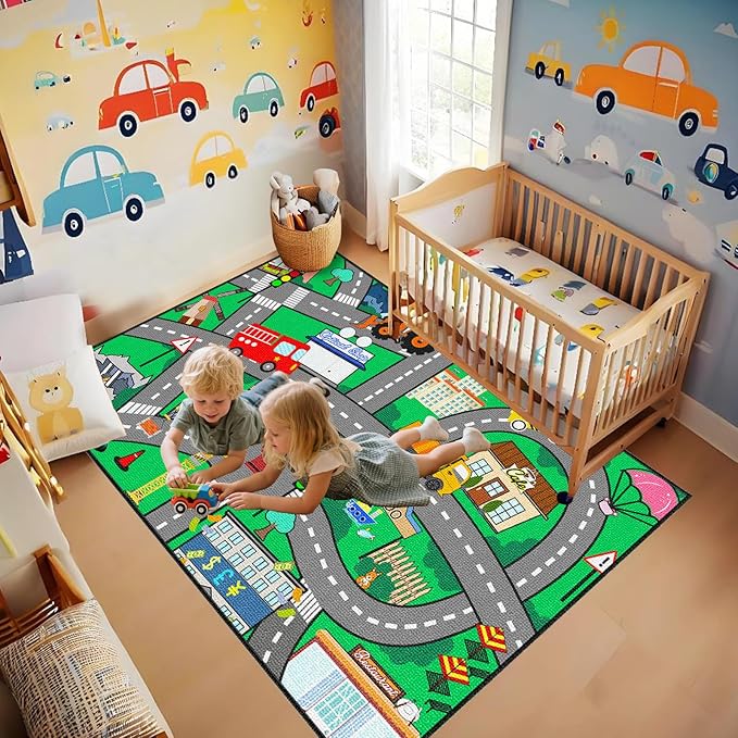 Car Rugs for Kids Toy Cars - Kids Carpet for Playroom Car Track Rug Car Carpet for City Life Road Rug for Playroom Living Room Bedroom, Green, 2'5''×4'