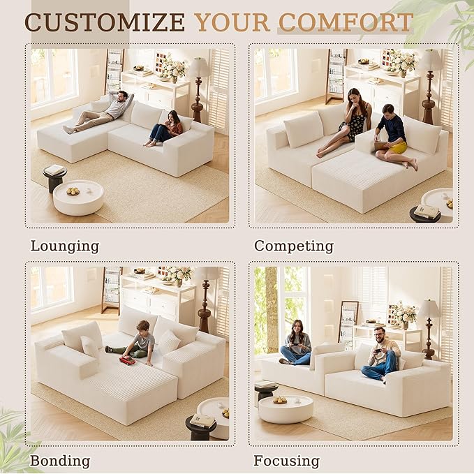 YESHOMY Sectional Couch, 108" Boneless Couches for Living Room, Modular Sectional Sofa with Deep Seat, Cloud Comfy Couch with L-Shape Chaise, No Assembly Required (Corduroy, Cream)
