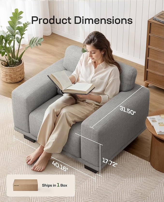 Marsail 40" Sofa Couch, 1-Seater Couches with Wide Armrests & Deep Cushions, Modern Linen Fabric Sofas for Living Room, Comfy Upholstered Couch with Removable Washable Covers, Grey
