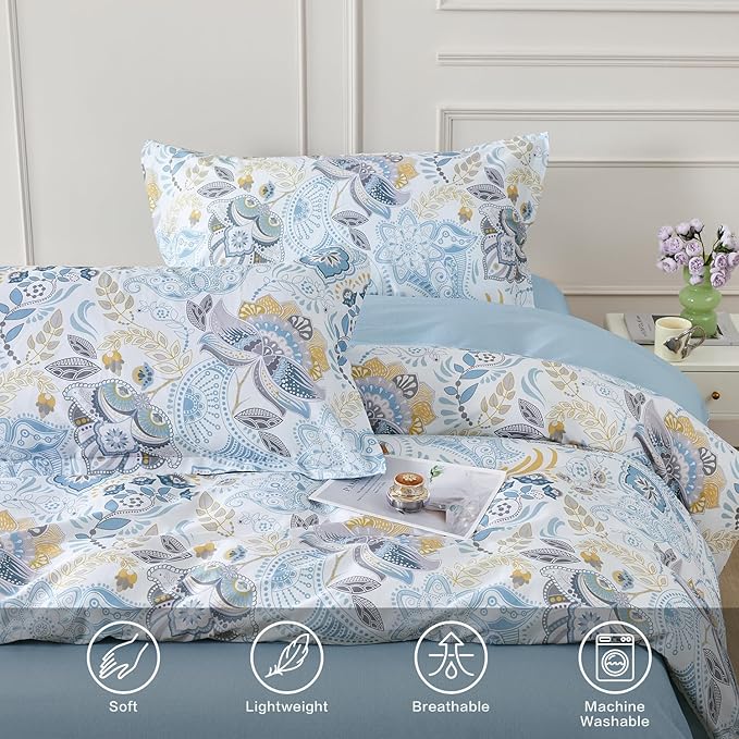 SAPHREAS Blue Floral Duvet Cover King Size Geometric Pattern Botanical Blossom Bedding Comforter Cover Set 100% Cotton 1 Duvet Cover 2 Pillow Shams, Comforter Not Included