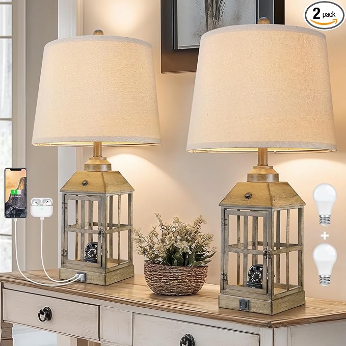 25" Farmhouse Table Lamps for Living Room, Table Lamps Set of 2 with USB Port and Nightlight, Rustic Table Lamp for Bedroom, Bedside Lamp for Nightstand, End Table, Home, LED Bulbs Included (Wood)