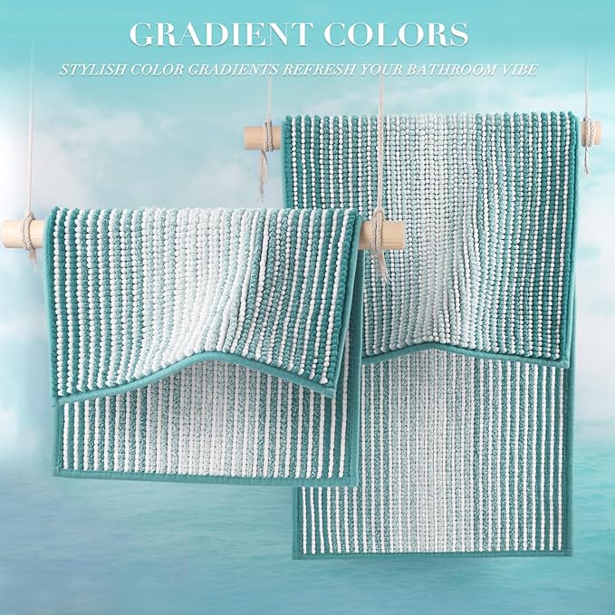 BSICPRO Bathroom Rugs and Mats Sets, 2 Piece Thick Absorbent Chenille Bath Mat Rug Set Non Slip, Soft Shaggy Bath Room Floor Mats for Bathroom, Machine Washable (Aqua Green, 20" x 32" Plus 16" x 24")