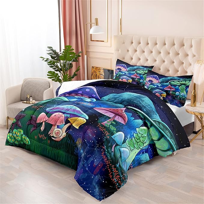 Colorful Mushroom Queen Comforter Set with Pillowcases