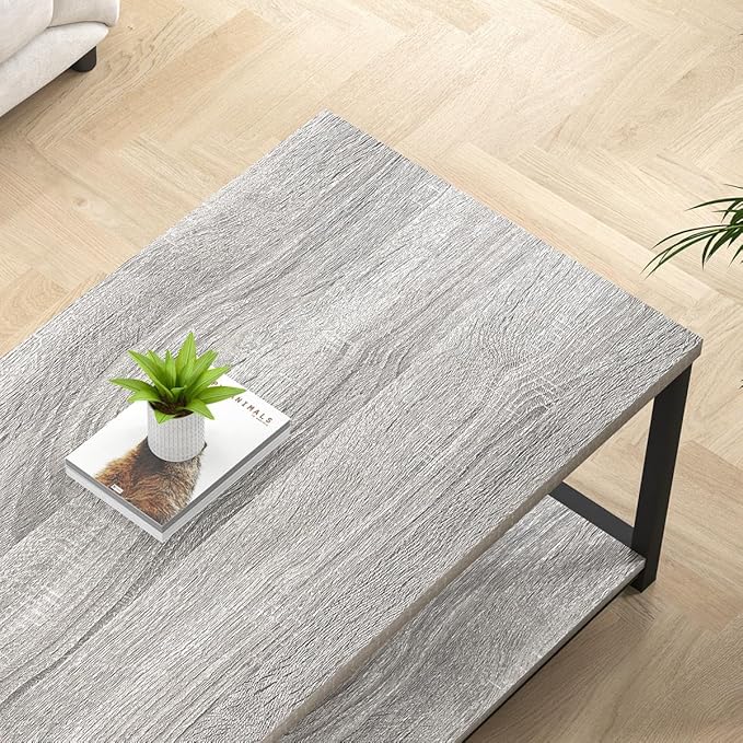 FOLUBAN Modern Coffee Table, Rustic Wood and Metal Center Table with Storage Shelf, Industrial Cocktail Table for Living Room, Light Grey, 39 Inch