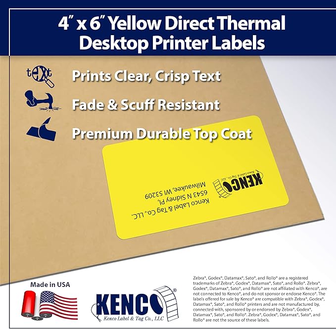 4" X 6" Direct Thermal Perforated Stickers Labels for Shipping Labels, Inventory, and Color Coding - Compatible with Zebra, Rollo, Godex and More (Yellow, 1 Roll)