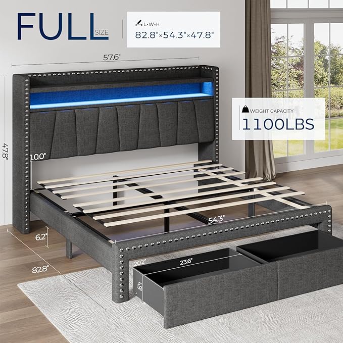 Full Size Bed Frame with Storage Headboard and Drawers Modern Rivets Upholstered Bed Frame with LED Charging Station Full Bedframe No Box Spring Needed