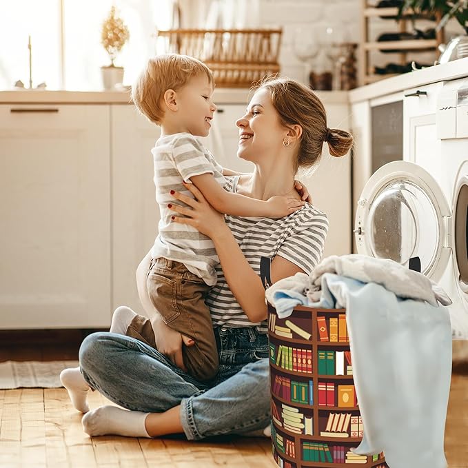 Library Book Shelf Pattern Laundry Basket,Waterproof Foldable Laundry Hamper,Dirty Clothes Laundry Basket, Linen Bin Storage Organizer for Toy Collection 16" x 20"